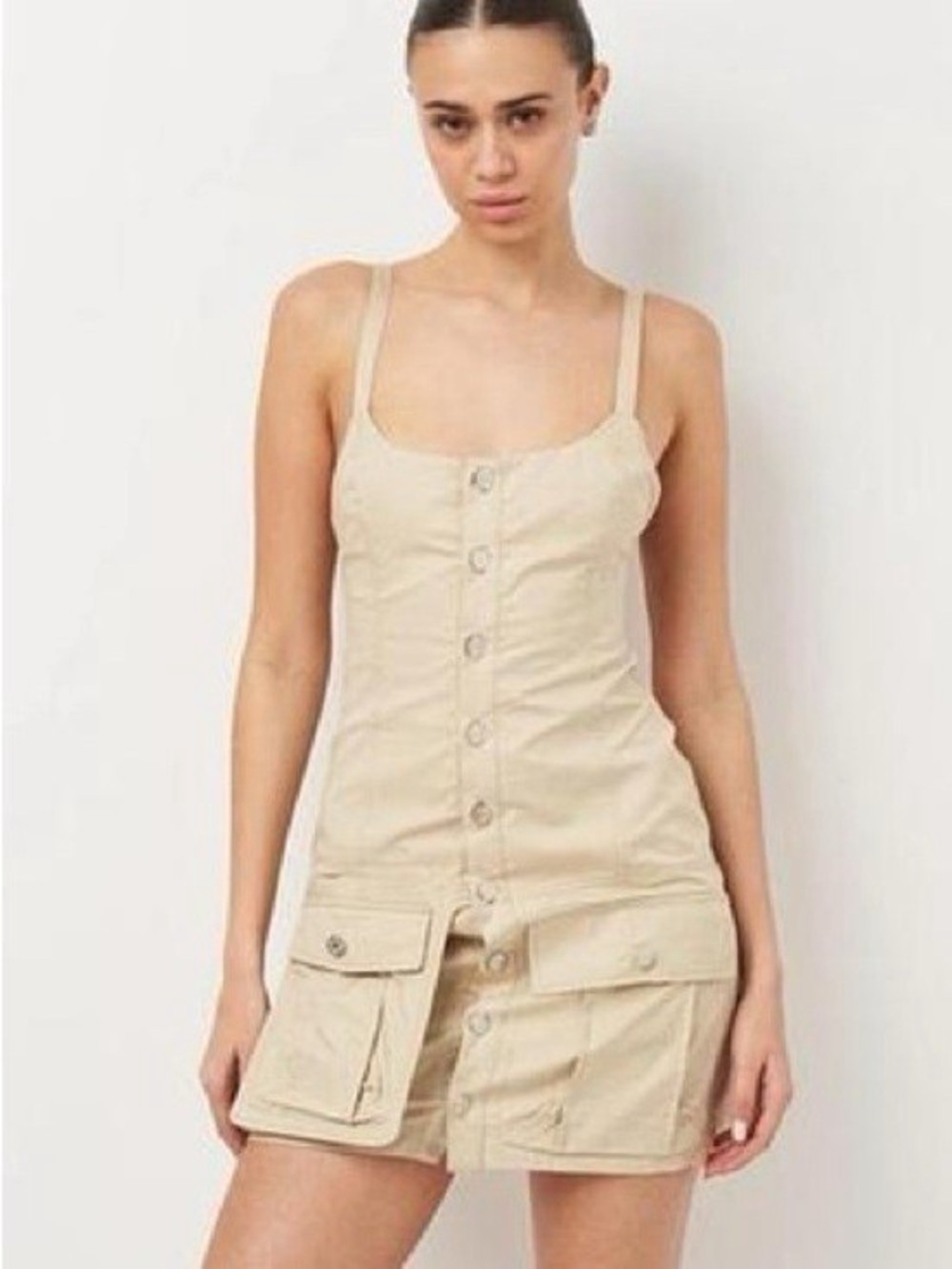 Zara Beige Button-Front Utility Mini Dress